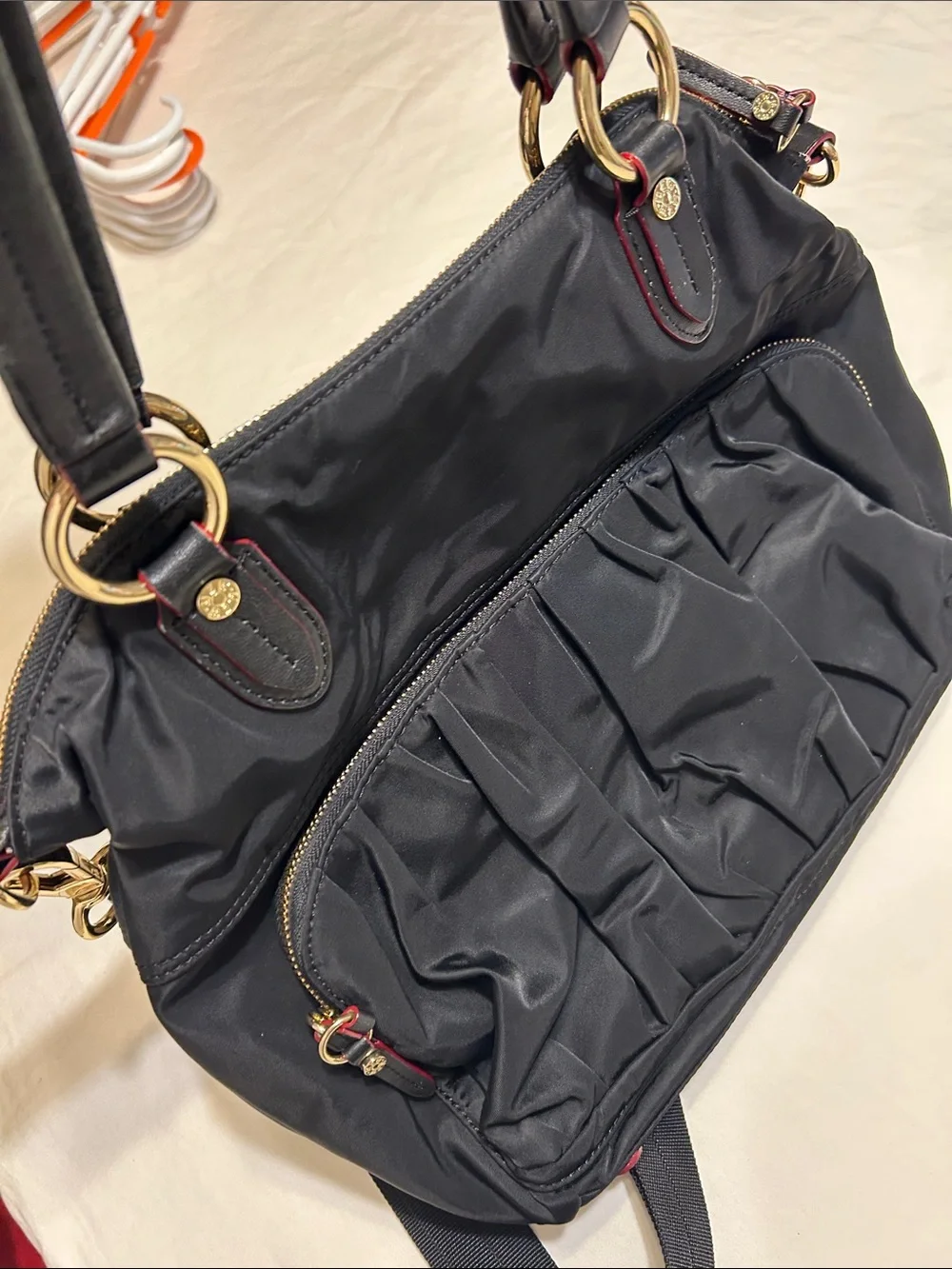 MZ Wallace Black Nylon Satchel with Gold Hardware and Red Trim